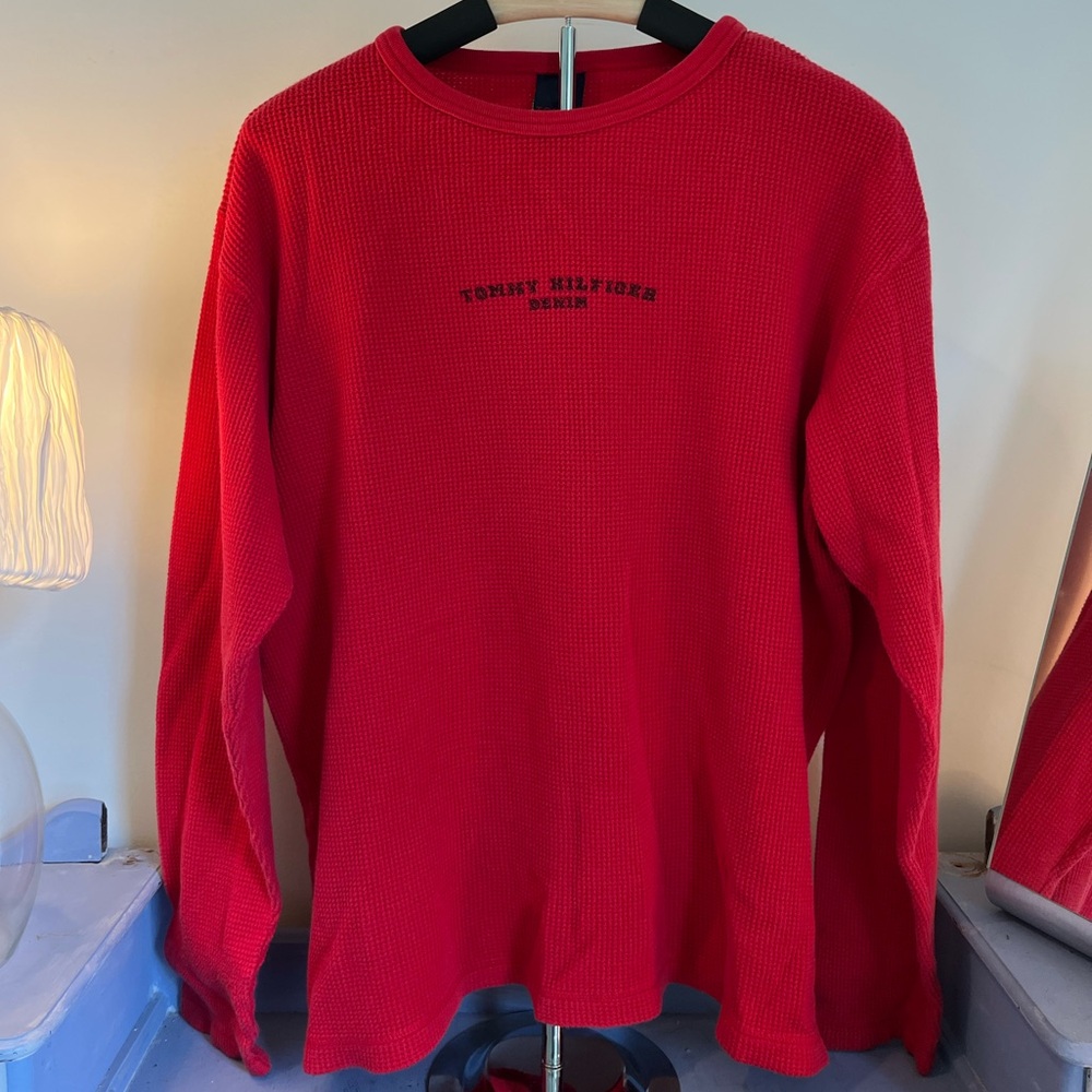 Medium Unisex Tommy Hilfiger Vibrant Red and Black Knit Thermal Top